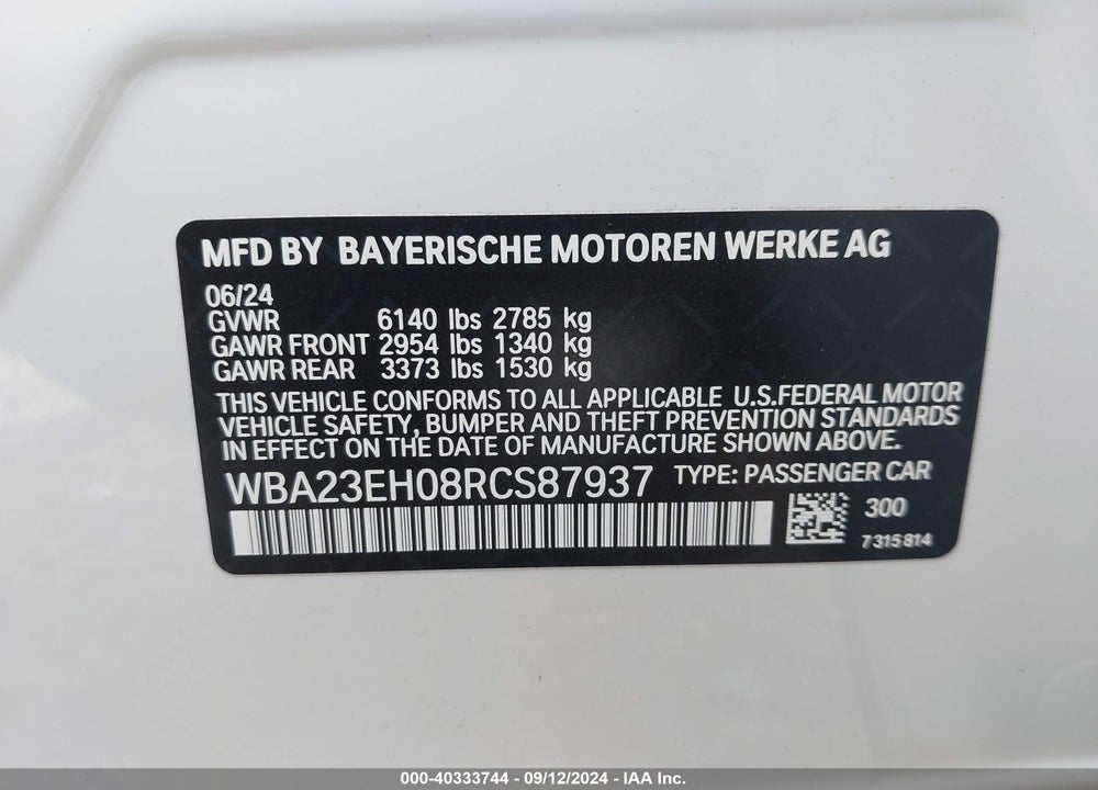 2024 BMW 740 I VIN: WBA23EH08RCS87937