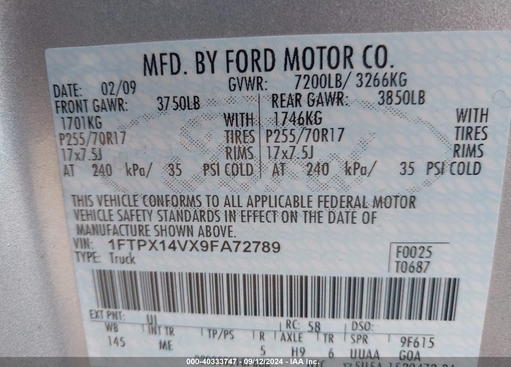2009 FORD F-150 FX4/LARIAT/XL/XLT VIN: 1FTPX14VX9FA72789