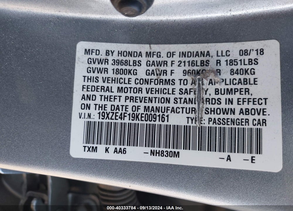 2019 HONDA INSIGHT LX VIN: 19XZE4F19KE009161