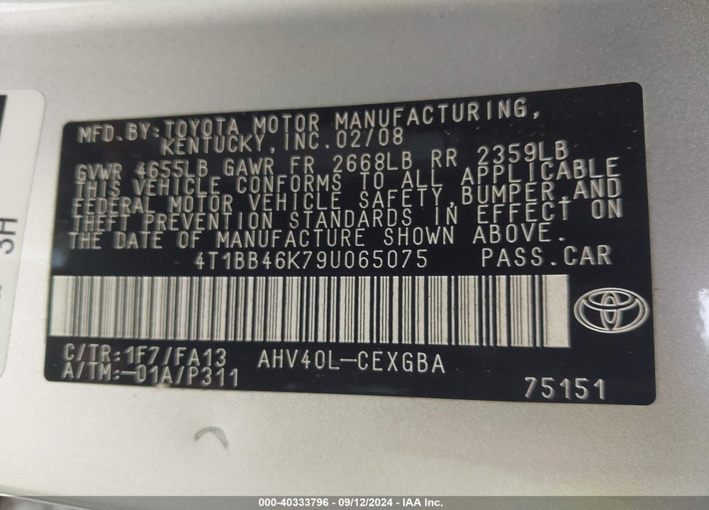 2009 TOYOTA CAMRY HYBRID VIN: 4T1BB46K79U065075