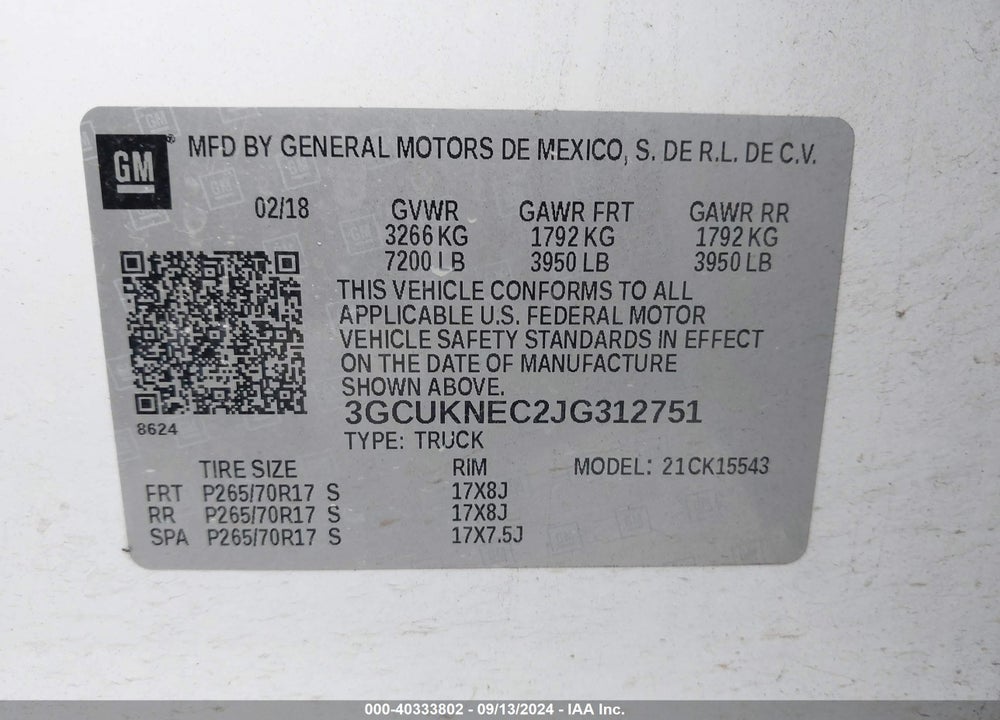 2018 CHEVROLET SILVERADO 1500 WT VIN: 3GCUKNEC2JG312751