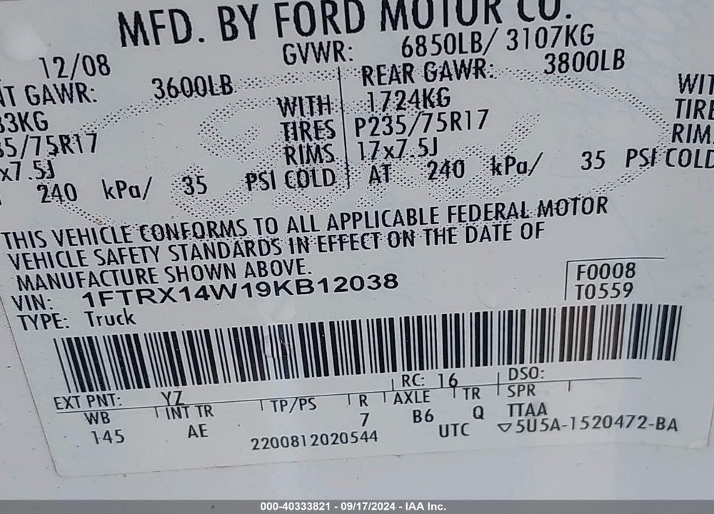2009 FORD F-150 STX/XL VIN: 1FTRX14W19KB12038