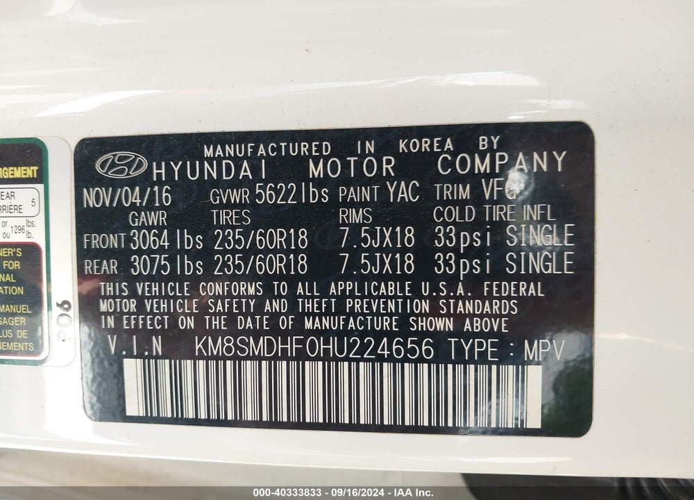 2017 HYUNDAI SANTA FE SE VIN: KM8SMDHF0HU224656