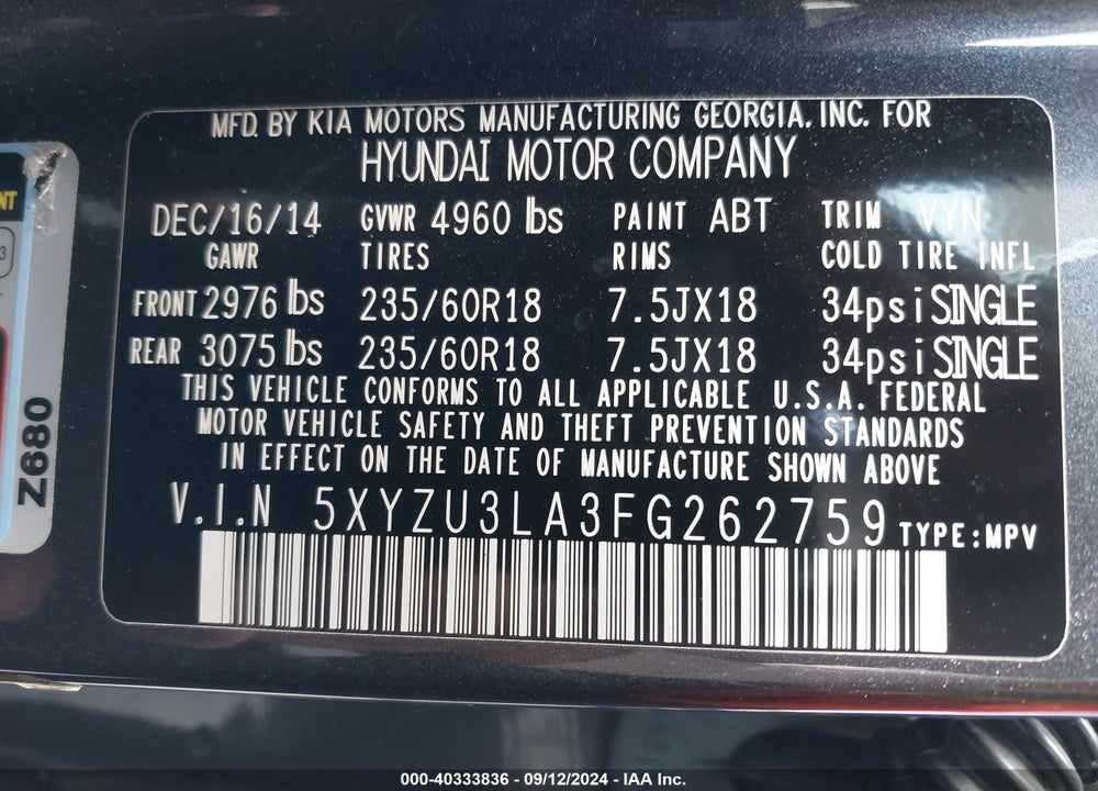2015 HYUNDAI SANTA FE SPORT 2.0L TURBO VIN: 5XYZU3LA3FG262759