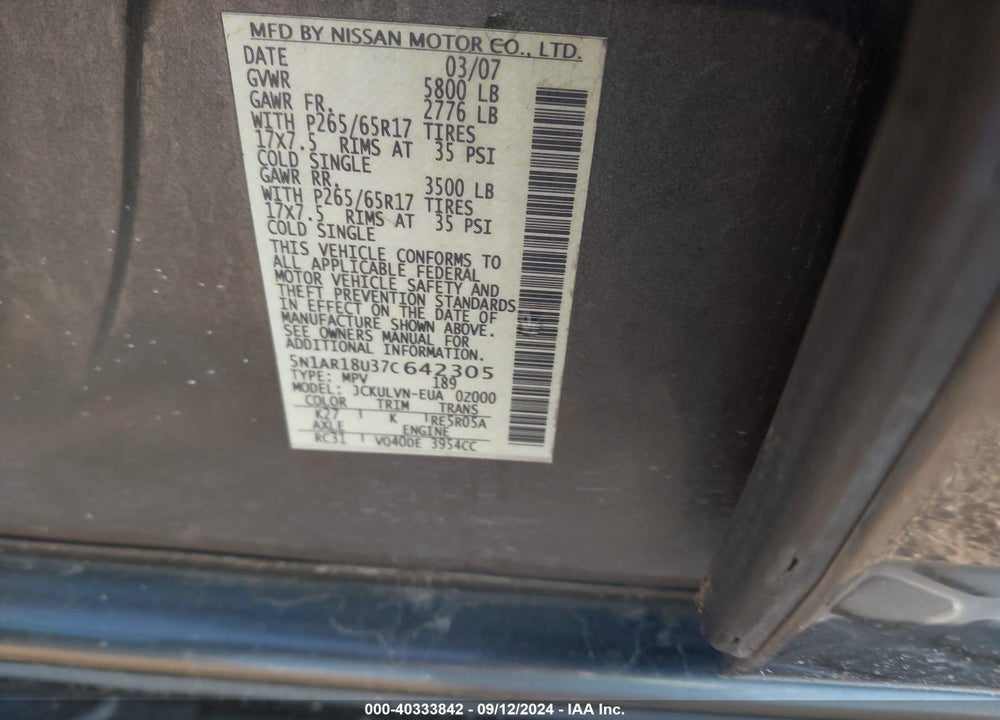 2007 NISSAN PATHFINDER LE VIN: 5N1AR18U37C642305
