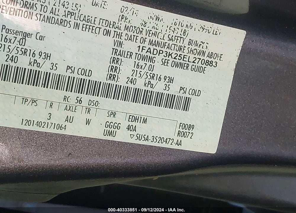 2014 FORD FOCUS SE VIN: 1FADP3K25EL270883