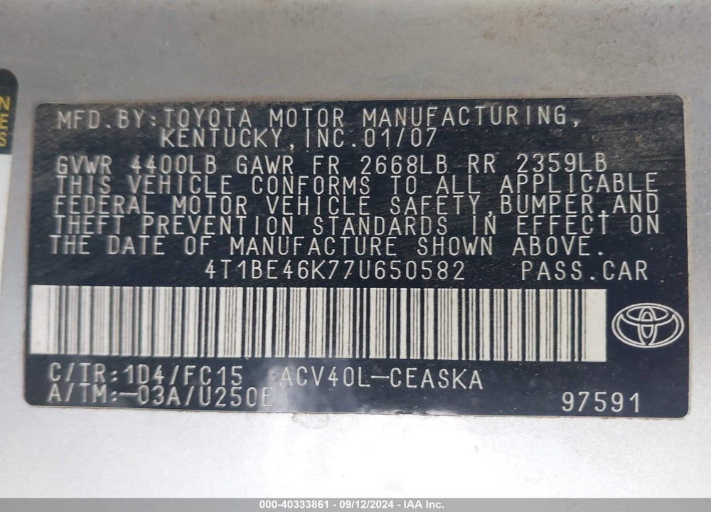 2007 TOYOTA CAMRY SE VIN: 4T1BE46K77U650582