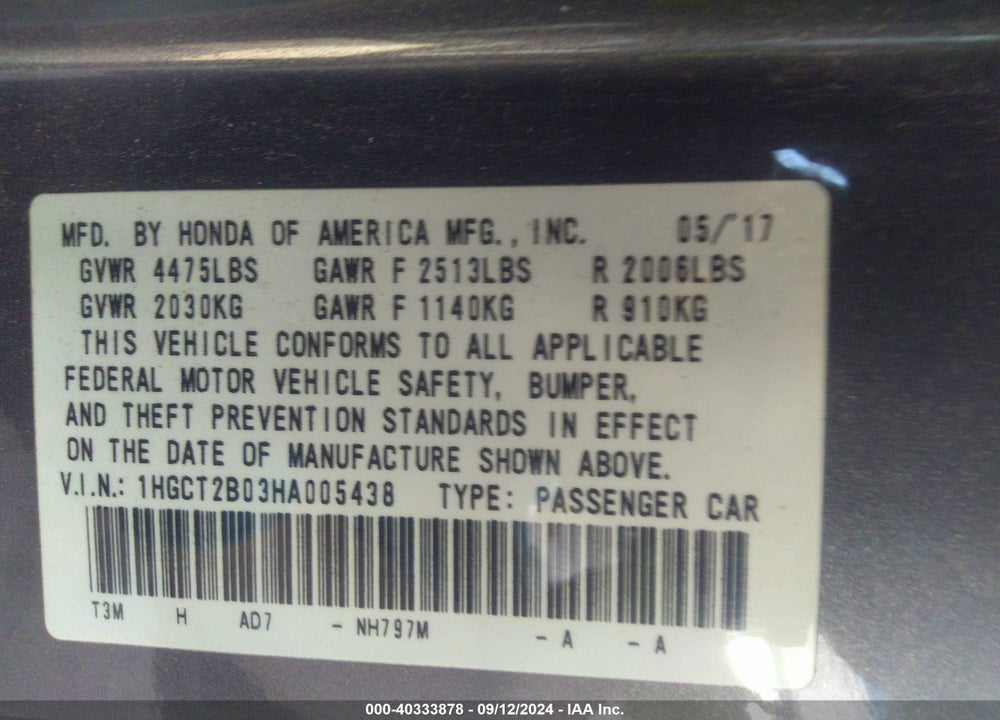 2017 HONDA ACCORD TOURING V6 VIN: 1HGCT2B03HA005438
