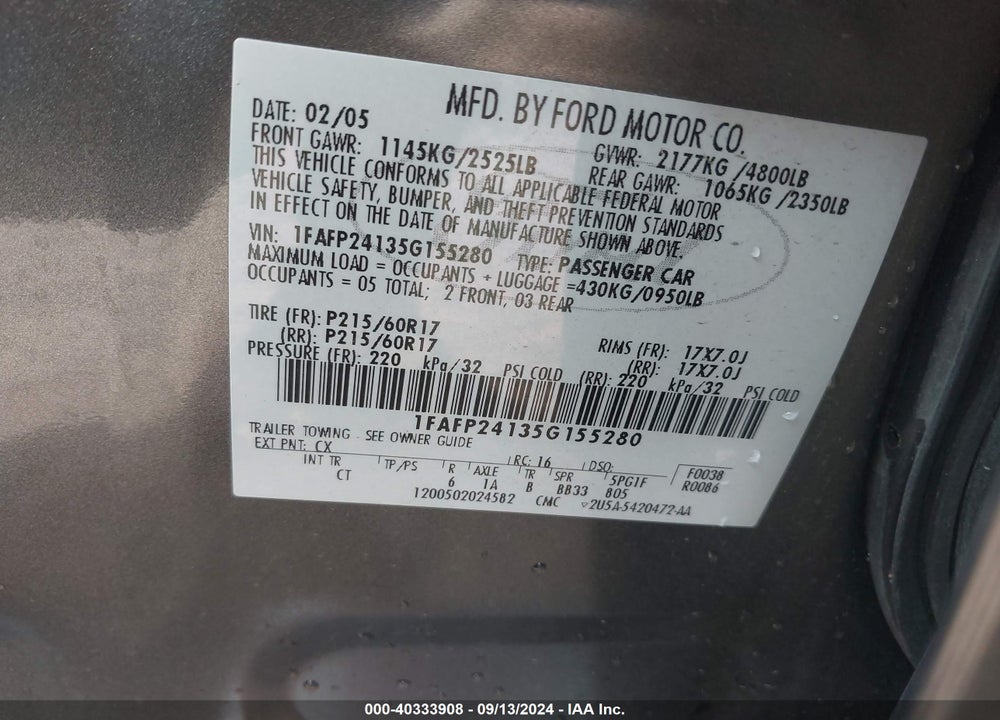 2005 FORD FIVE HUNDRED SEL VIN: 1FAFP24135G155280