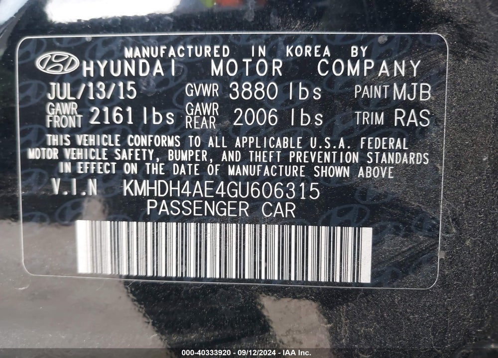 2016 HYUNDAI ELANTRA LIMITED VIN: KMHDH4AE4GU606315