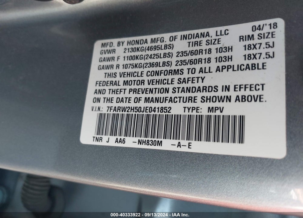 2018 HONDA CR-V EX VIN: 7FARW2H50JE041852