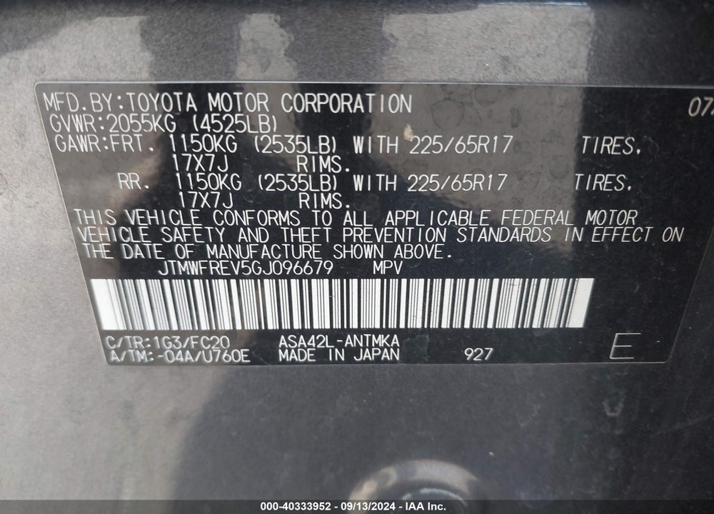 2016 TOYOTA RAV4 XLE VIN: JTMWFREV5GJ096679