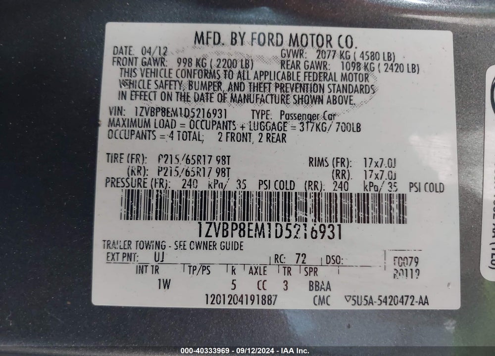 2013 FORD MUSTANG V6 VIN: 1ZVBP8EM1D5216931
