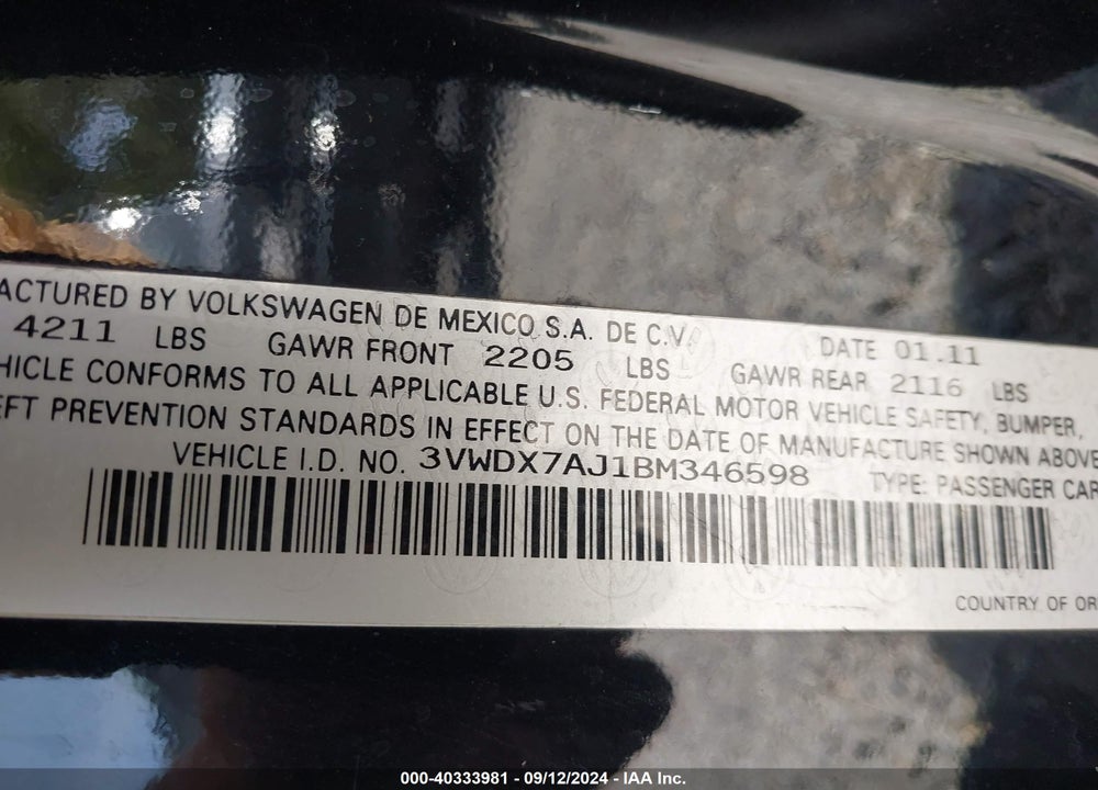2011 VOLKSWAGEN JETTA 2.5L SE VIN: 3VWDX7AJ1BM346598