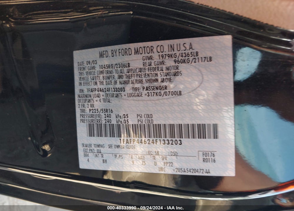 2004 FORD MUSTANG VIN: 1FAFP44624F133203