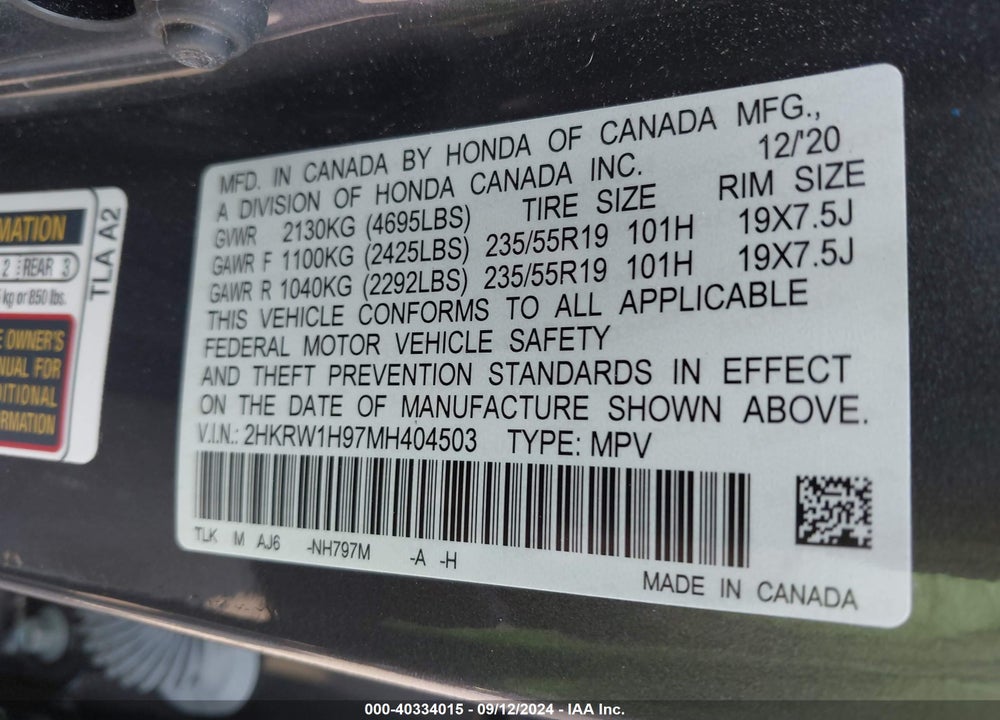 2021 HONDA CR-V 2WD TOURING VIN: 2HKRW1H97MH404503