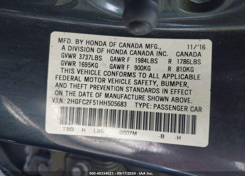 2017 HONDA CIVIC LX VIN: 2HGFC2F51HH505683