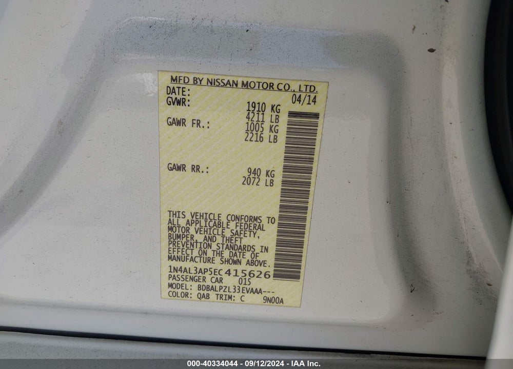 2014 NISSAN ALTIMA 2.5 VIN: 1N4AL3AP5EC415626