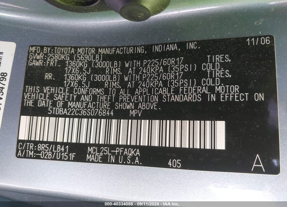 2006 TOYOTA SIENNA XLE LIMITED VIN: 5TDBA22C36S076844