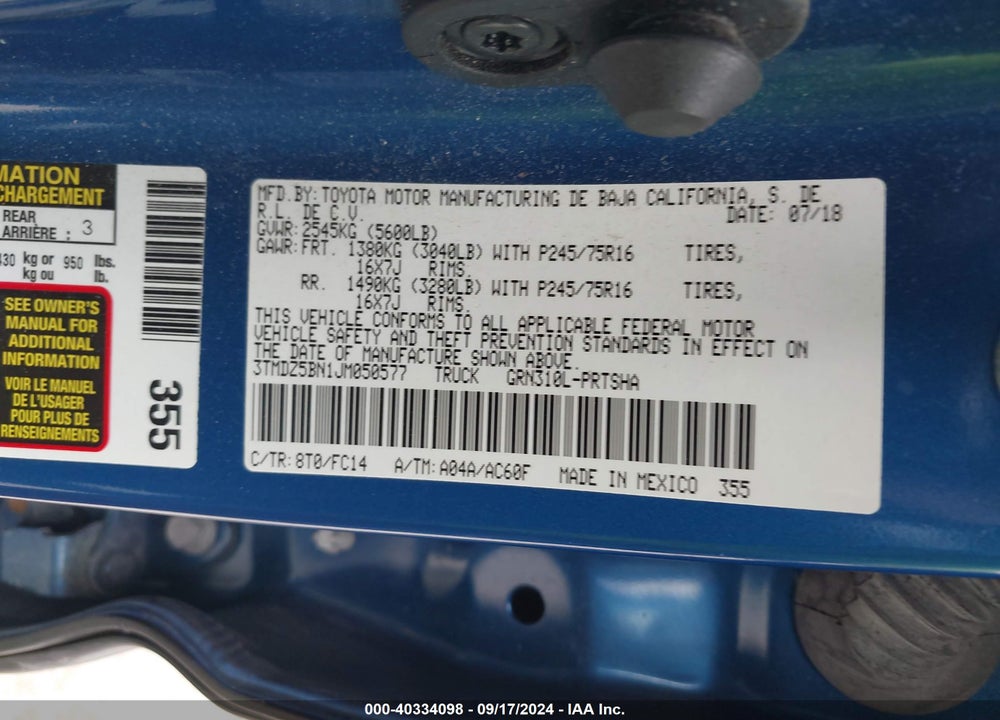 2018 TOYOTA TACOMA SR5 V6 VIN: 3TMDZ5BN1JM050577