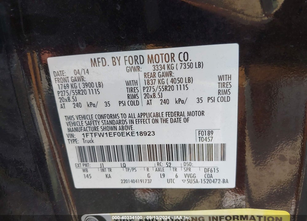 2014 FORD F-150 KING RANCH VIN: 1FTFW1EF0EKE18923