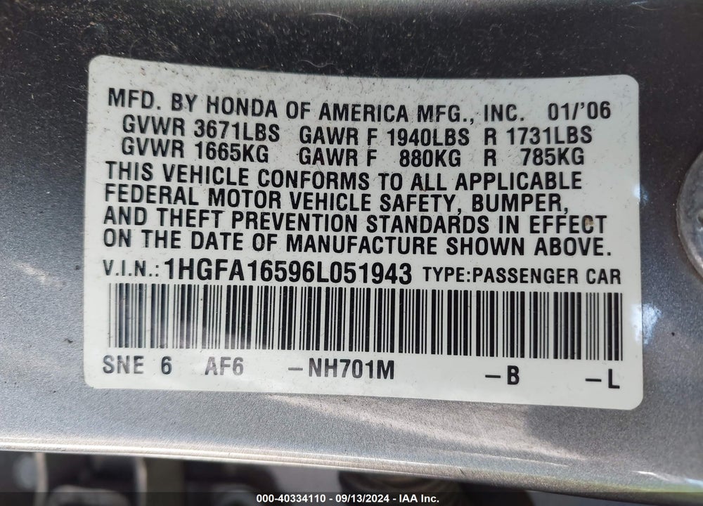 2006 HONDA CIVIC LX VIN: 1HGFA16596L051943