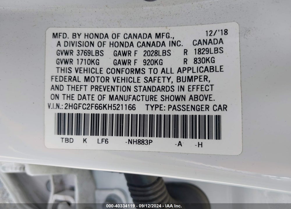 2019 HONDA CIVIC LX VIN: 2HGFC2F66KH521166