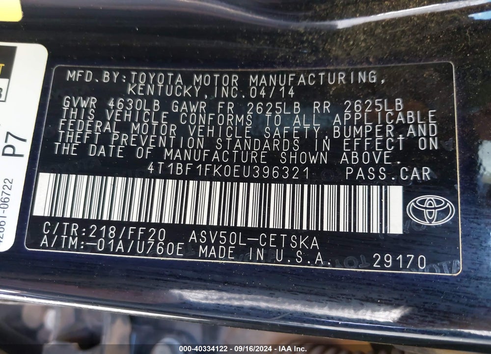 2014 TOYOTA CAMRY SE VIN: 4T1BF1FK0EU396321