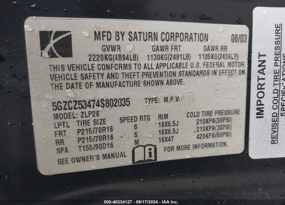 2004 SATURN VUE V6 VIN: 5GZCZ53474S802035