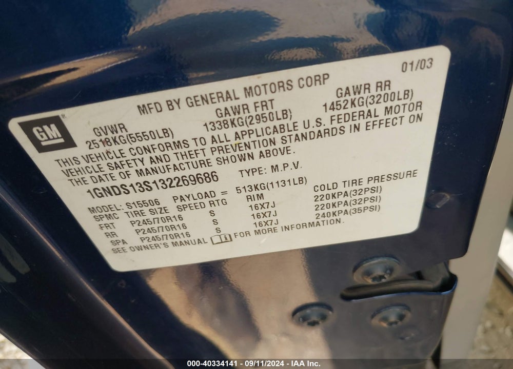 2003 CHEVROLET TRAILBLAZER LS VIN: 1GNDS13S132269686