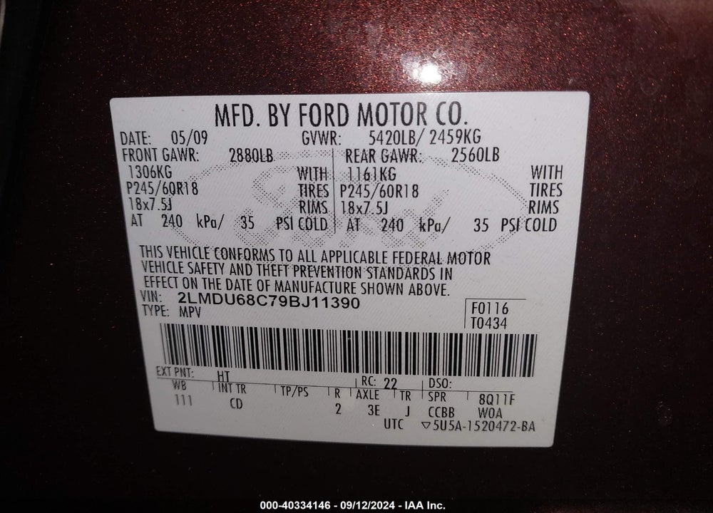 2009 LINCOLN MKX VIN: 2LMDU68C79BJ11390