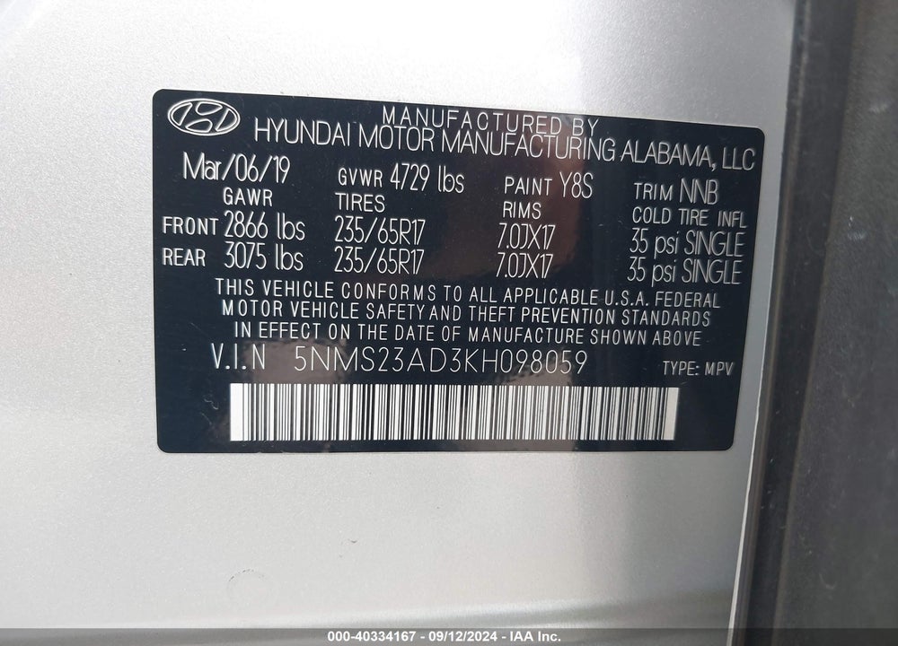 2019 HYUNDAI SANTA FE SE VIN: 5NMS23AD3KH098059