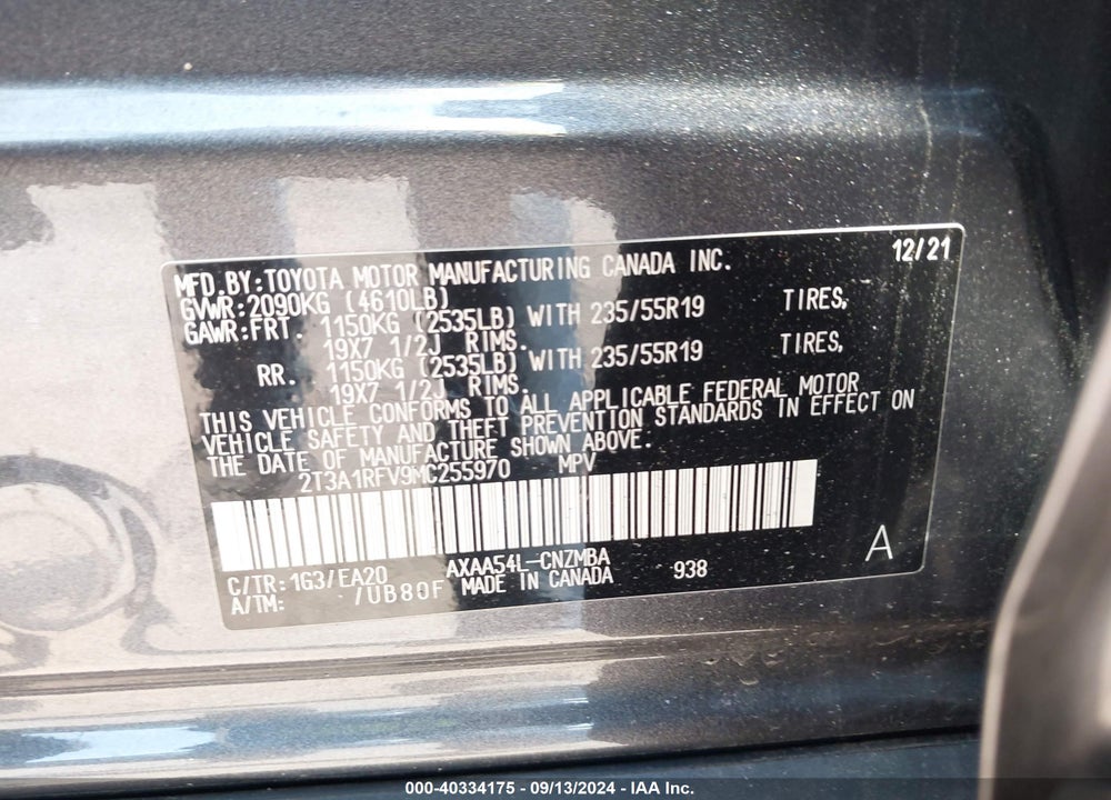 2021 TOYOTA RAV4 XLE PREMIUM VIN: 2T3A1RFV9MC255970