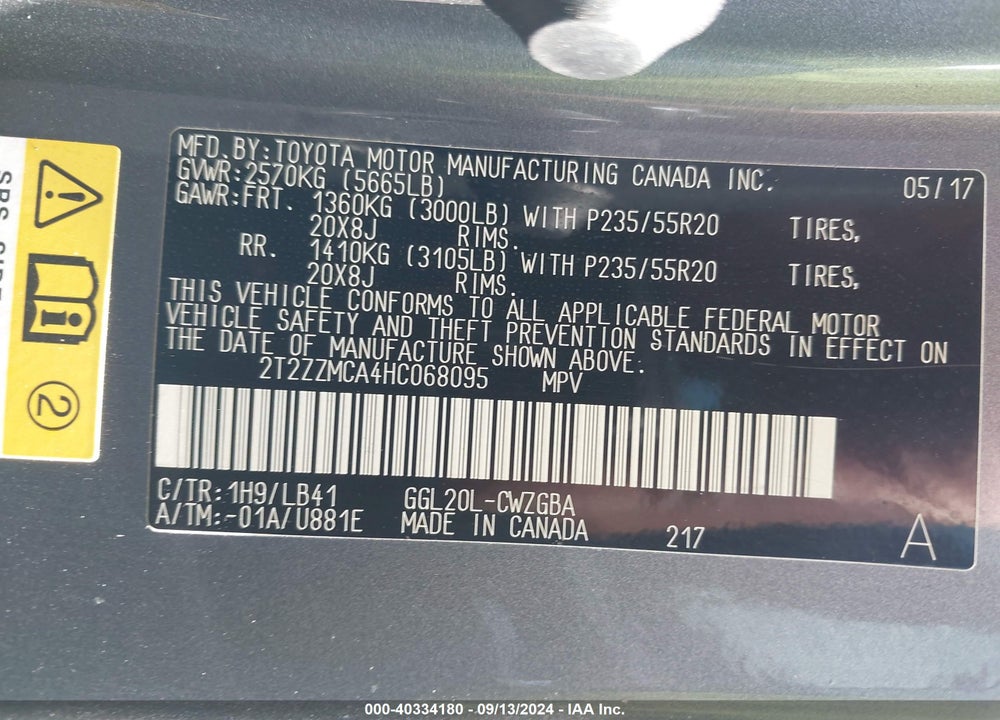 2017 LEXUS RX 350 VIN: 2T2ZZMCA4HC068095