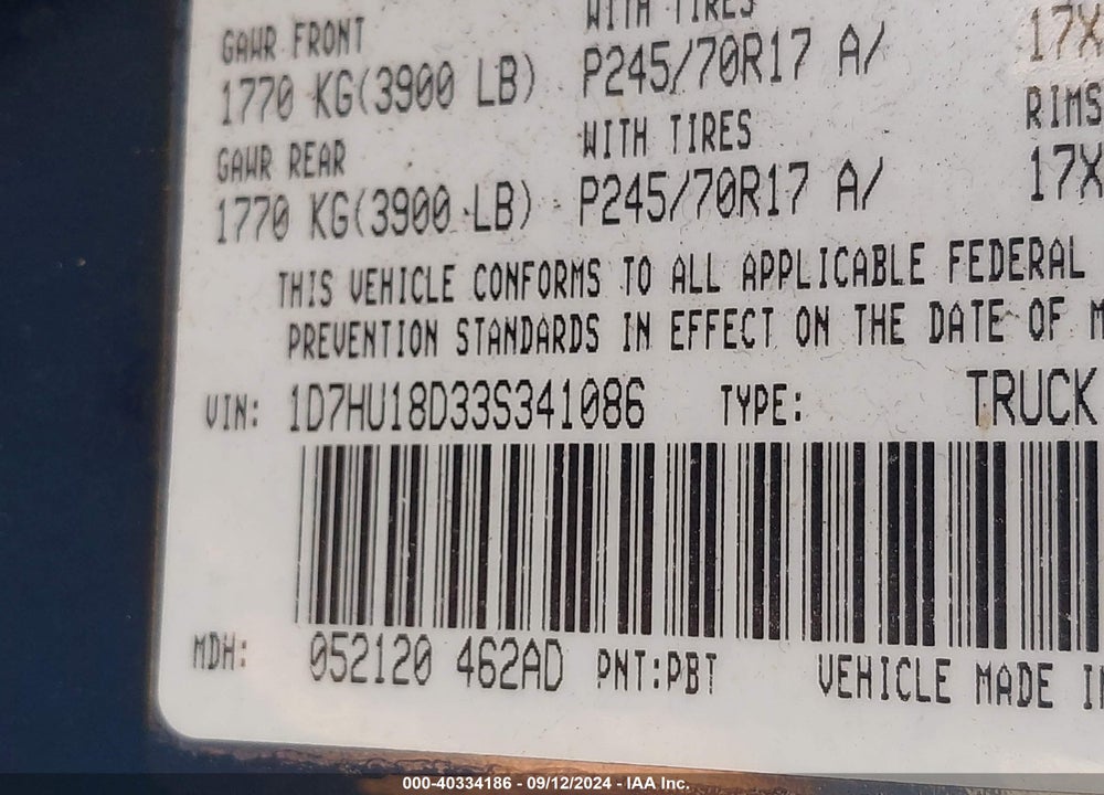 2003 DODGE RAM 1500 SLT/LARAMIE/ST VIN: 1D7HU18D33S341086