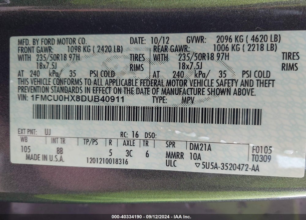 2013 FORD ESCAPE SEL VIN: 1FMCU0HX8DUB40911