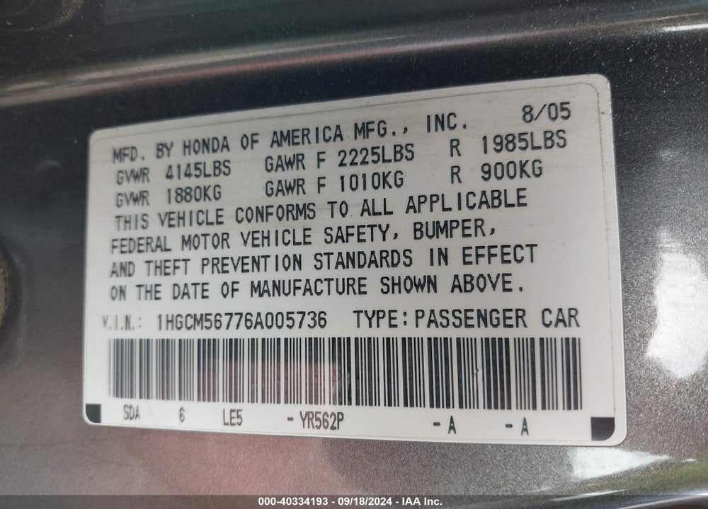 2006 HONDA ACCORD 2.4 EX VIN: 1HGCM56776A005736