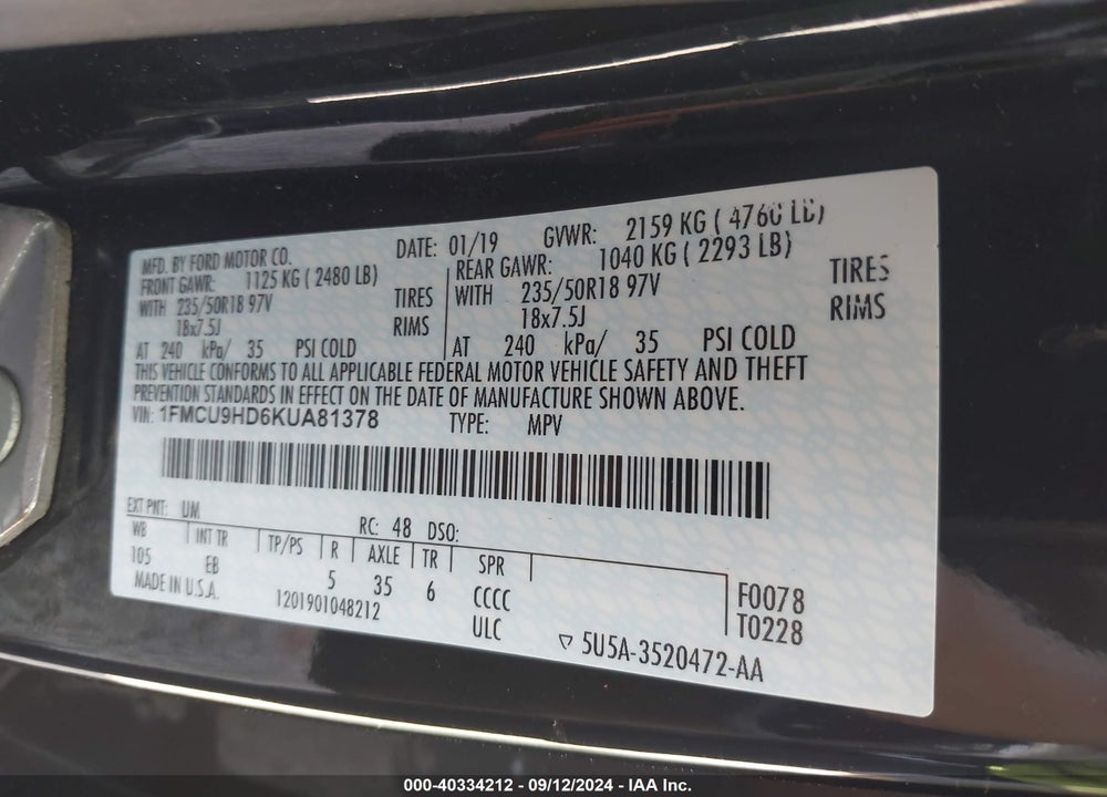 2019 FORD ESCAPE SEL VIN: 1FMCU9HD6KUA81378