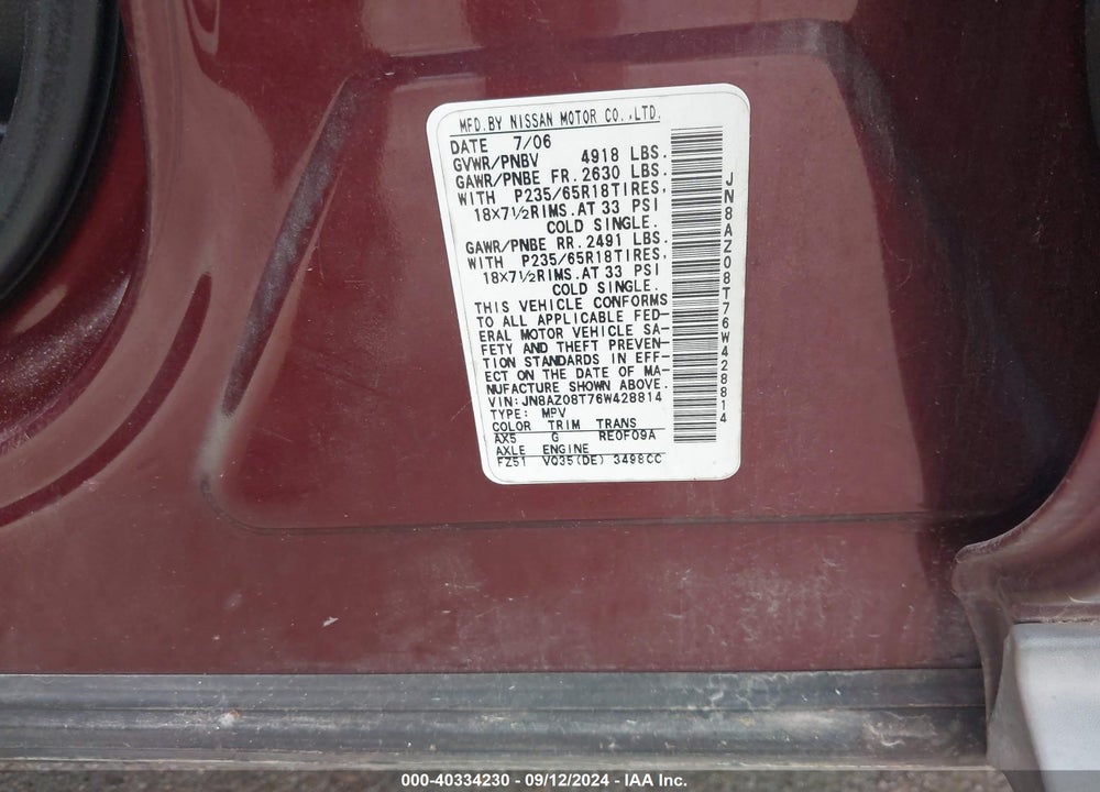 2006 NISSAN MURANO S VIN: JN8AZ08T76W428814