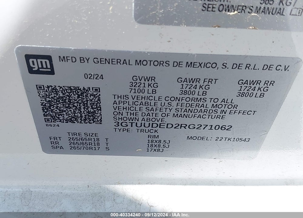2024 GMC SIERRA 1500 4WD SHORT BOX SLT VIN: 3GTUUDED2RG271062