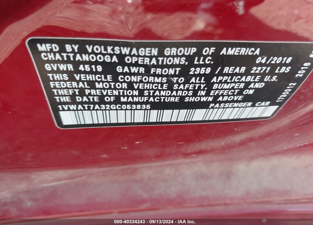 2016 VOLKSWAGEN PASSAT 1.8T R-LINE VIN: 1VWAT7A32GC053835