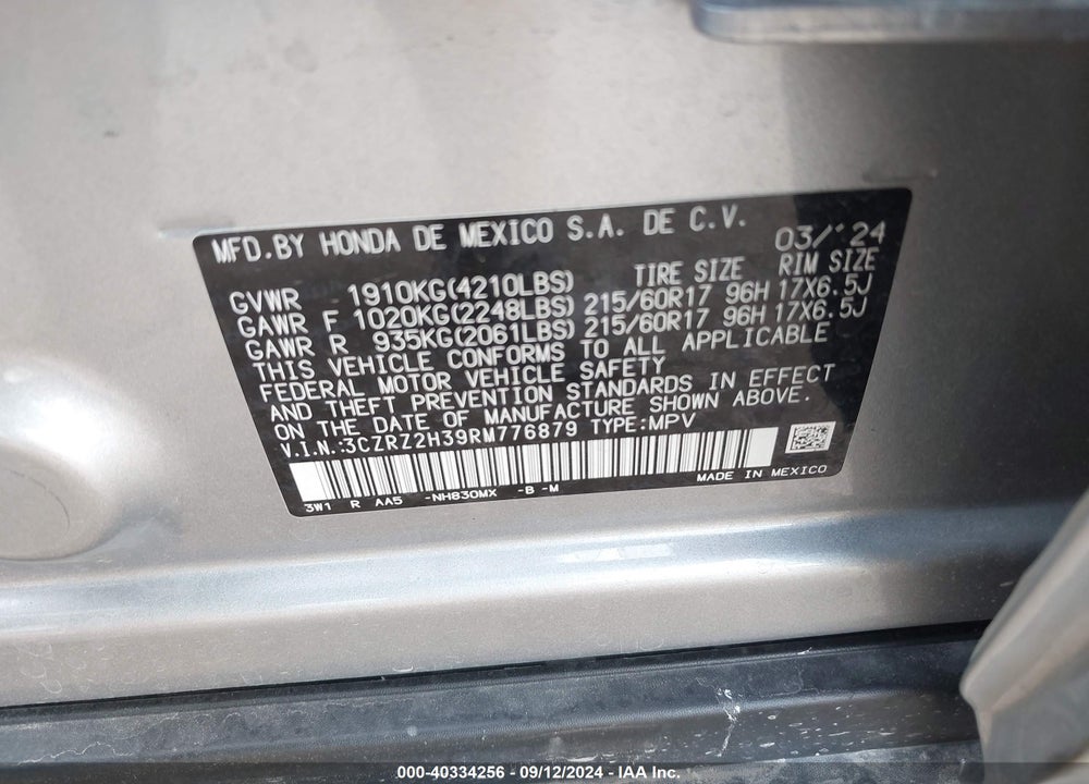 2024 HONDA HR-V AWD LX VIN: 3CZRZ2H39RM776879