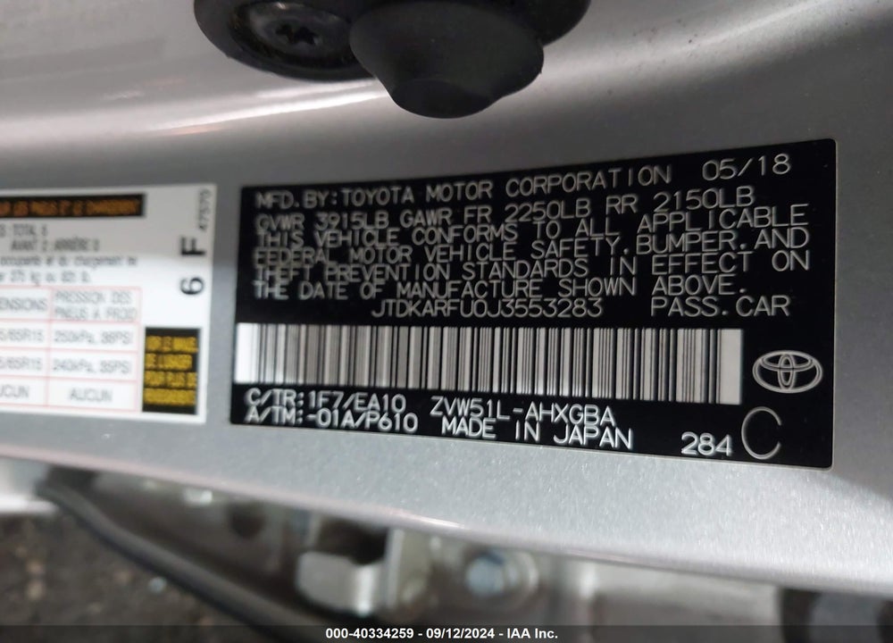 2018 TOYOTA PRIUS FOUR VIN: JTDKARFU0J3553283
