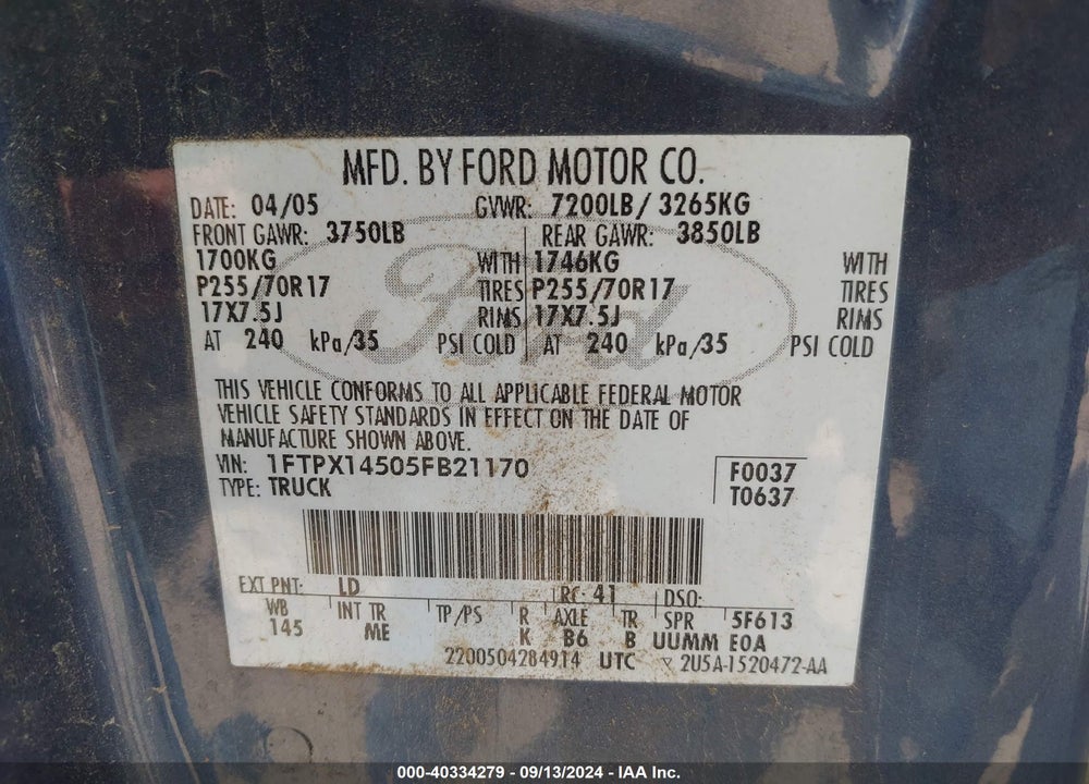 2005 FORD F-150 FX4/LARIAT/XL/XLT VIN: 1FTPX14505FB21170