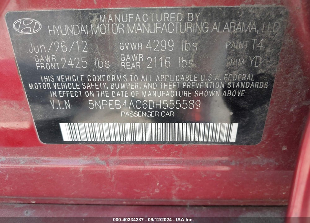 2013 HYUNDAI SONATA GLS VIN: 5NPEB4AC6DH555589