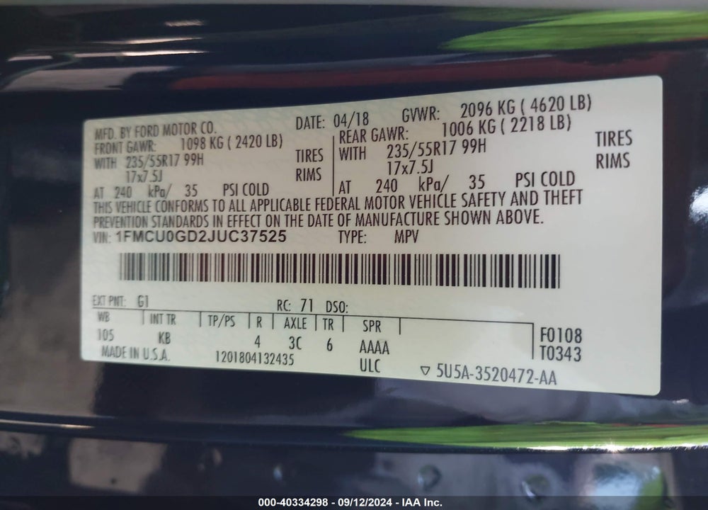 2018 FORD ESCAPE SE VIN: 1FMCU0GD2JUC37525