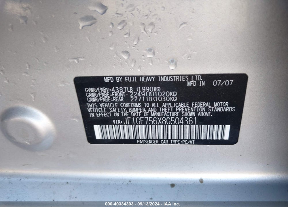 2008 SUBARU IMPREZA WRX VIN: JF1GE756X8G504361