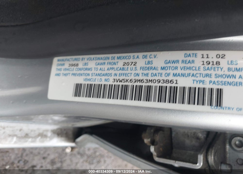 2003 VOLKSWAGEN JETTA GLS 2.0L VIN: 3VWSK69M63M093861
