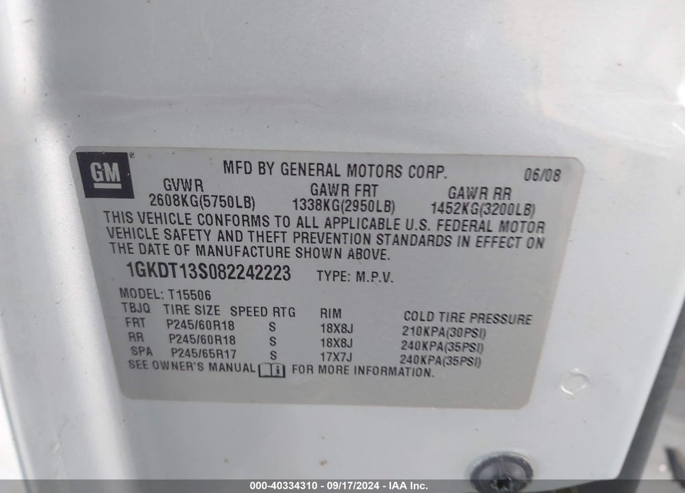 2008 GMC ENVOY SLT VIN: 1GKDT13S082242223