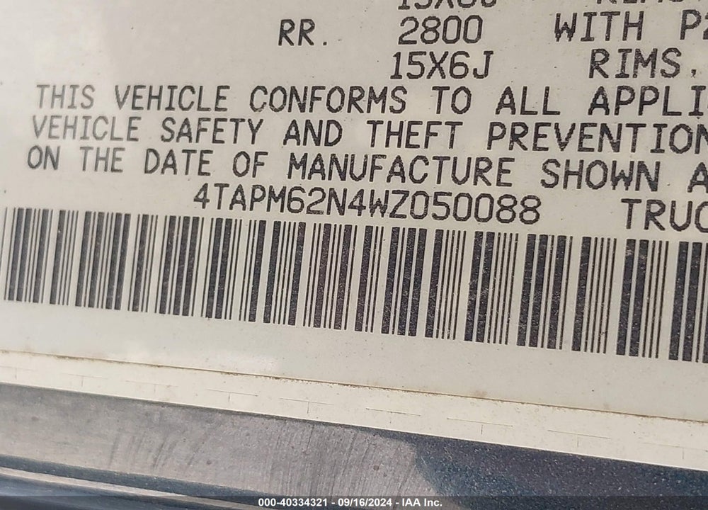 1998 TOYOTA TACOMA VIN: 4TAPM62N4WZ050088